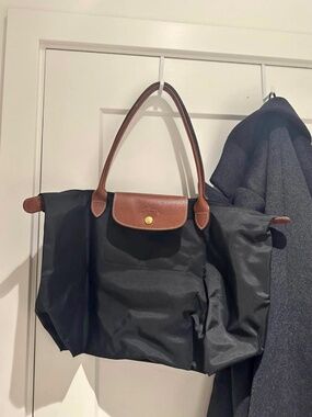 Longchamp Black Tote with Brown Leather Trim